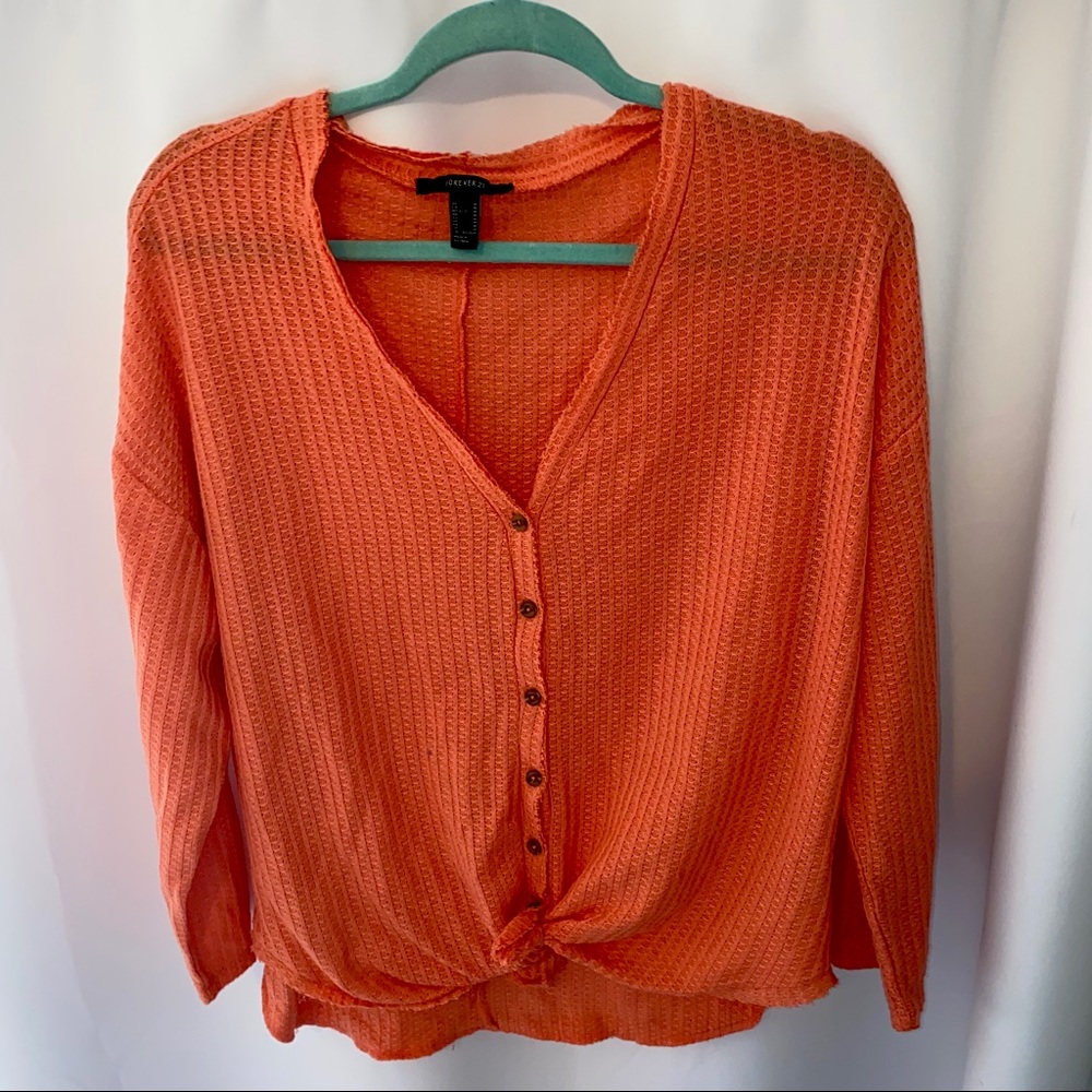 Forever 21 Button Up Tie Coral Sweater